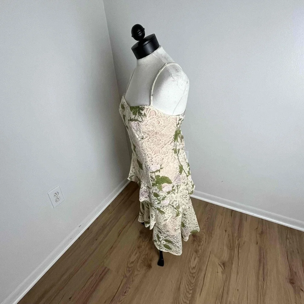 NWT Alex Marie Fairycore Pink Green Floral Lace Ruffle Sheath Midi Dress Size 14
